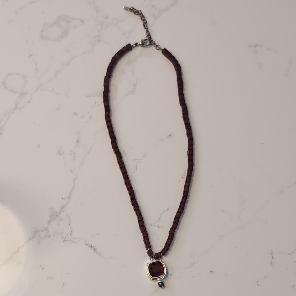 Elegant Brown Beaded Necklace with Silver Pendant